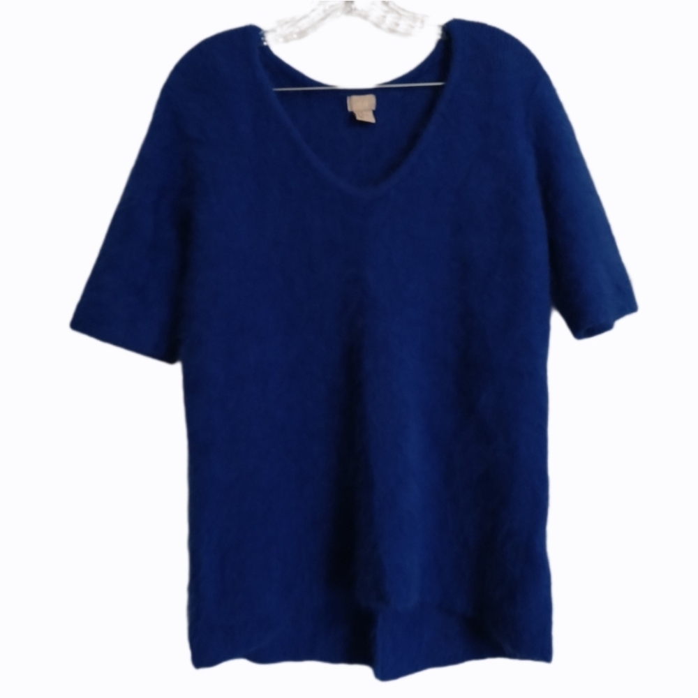 H&M Size 6 Cobalt Blue V-Neck Short Sleeve Angora Wool Fuzzy Sweater